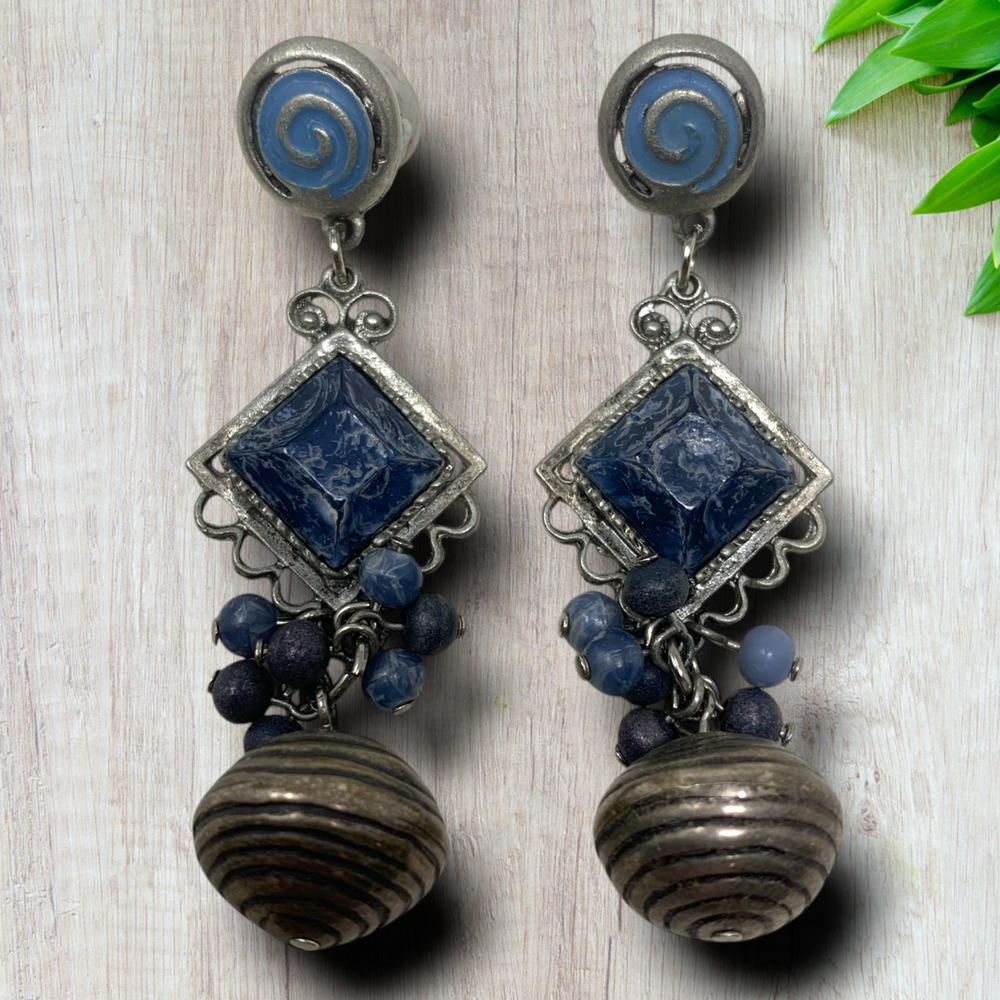 Vintage Y2K Bohemian Beaded Blue Silver Tone Pierced Dangle Earrings Art to Wear